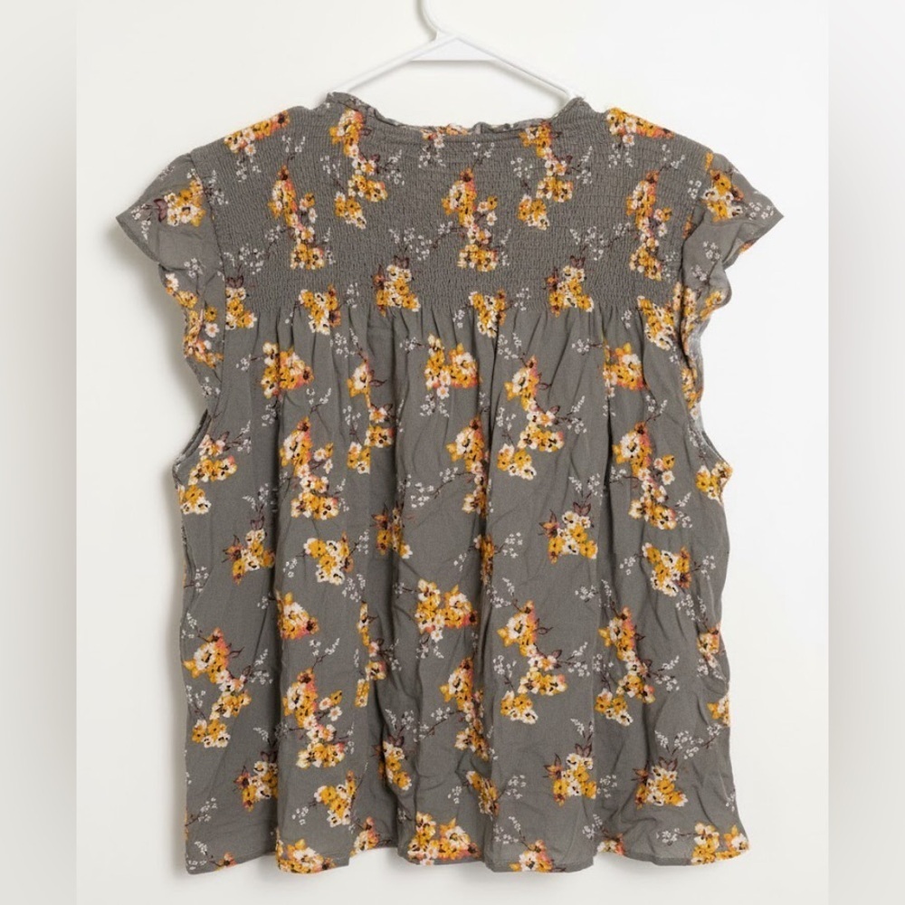 Mason & Belle Floral Smocked Button Front Top 2X Olive Green Boho Peasant - Picture 3 of 5